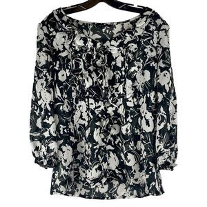 Anne Klein Black White Floral Ruffle Button Up Blouse Medium